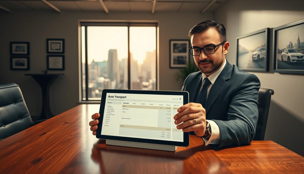 A professional and sleek auto transport quotation scene, featuring a modern office environment in the foreground. A confident, well-dressed business professional, seated at a polished wooden desk, is reviewing a digital tablet displaying a detailed auto transport quote. The middle of the scene showcases a large window with sunlight streaming in, illuminating a cityscape of Gainesville, GA, complete with recognizable landmarks. In the background, framed certificates and automotive related art adorn the walls, reinforcing the expertise in car shipping services. The lighting is warm and inviting, creating a focused and productive atmosphere. Use a wide-angle lens to capture the depth of the office space, ensuring the mood is one of efficiency and knowledge in auto transport. A professional and sleek auto transport quotation scene, featuring a modern office environment in the foreground. A confident, well-dressed business professional, seated at a polished wooden desk, is reviewing a digital tablet displaying a detailed auto transport quote. The middle of the scene showcases a large window with sunlight streaming in, illuminating a cityscape of Gainesville, GA, complete with recognizable landmarks. In the background, framed certificates and automotive related art adorn the walls, reinforcing the expertise in car shipping services. The lighting is warm and inviting, creating a focused and productive atmosphere. Use a wide-angle lens to capture the depth of the office space, ensuring the mood is one of efficiency and knowledge in auto transport.