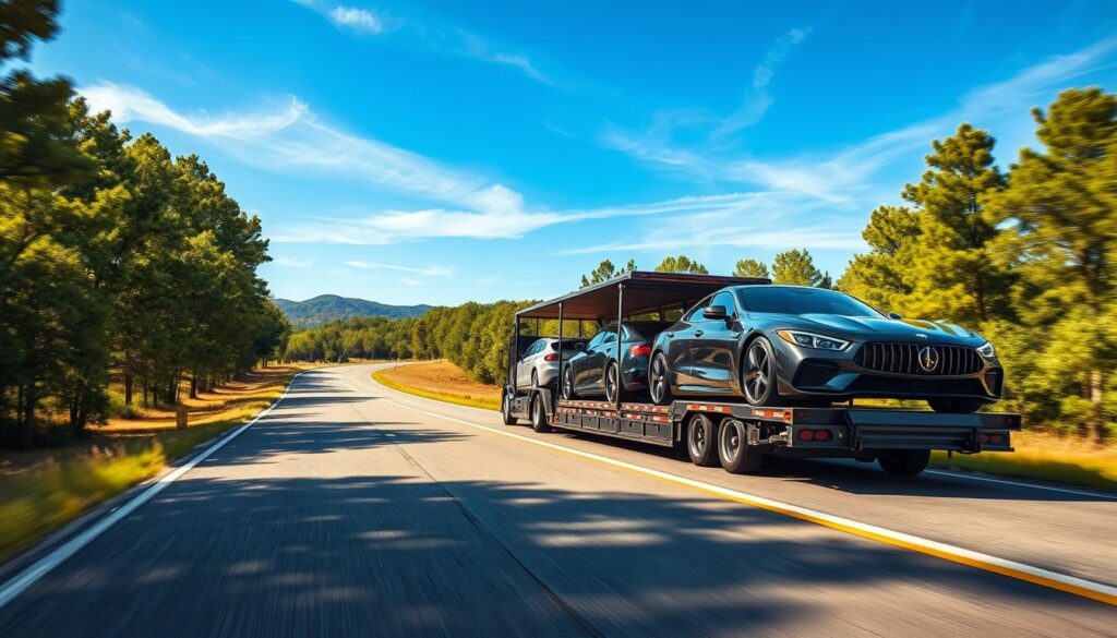 A professional auto transport carrier navigating a rural route in Waycross, GA, set against a vibrant blue sky. In the foreground, a sleek, modern trailer loaded with various luxury cars, each meticulously detailed. The middle ground features a clear view of the winding road with lush green trees aligning both sides, showcasing the beautiful southern landscape. The background displays distant hills, adding depth to the scene. Soft, warm lighting casts gentle shadows, evoking a sense of reliability and trust in the transport service. The angle captures the trailer from a low perspective, emphasizing its size and professionalism, while creating a dynamic, engaging view. The overall mood is reassuring, highlighting the commitment to safe, efficient auto transport.