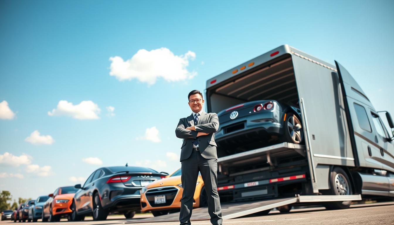 A professional auto transport scene in Norcross, Georgia, showcasing a vibrant transport yard in the foreground with various shiny, colorful vehicles being loaded onto a large, modern car carrier truck. In the middle, a skilled auto transport specialist in a neat uniform oversees the loading process, displaying confidence and expertise. The background features a clear blue sky with a few fluffy clouds, enhancing the bright atmosphere of a sunny day. Soft natural lighting highlights the vehicle surfaces, creating reflections that add depth to the image. The mood is industrious yet friendly, emphasizing the reliability and professionalism of auto transport services.