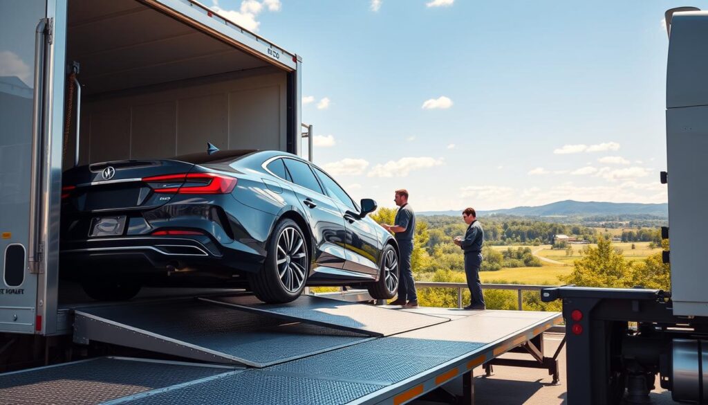 A professional auto transport scene set in Tifton, Georgia, featuring a bright, sunny day. In the foreground, a sleek, modern car is being carefully loaded onto an open car carrier truck, showcasing detailed shipping equipment. The middle ground includes workers in professional business attire, coordinating the loading process, exuding a sense of trust and reliability. In the background, the scenic Tifton landscape is visible, with lush greenery and a clear blue sky, enhancing the local atmosphere. Soft, natural lighting casts warm highlights on the vehicles, creating a welcoming and dependable mood. The image is captured from a slightly elevated angle, emphasizing both the action of shipping and the professionalism of the auto transport service.