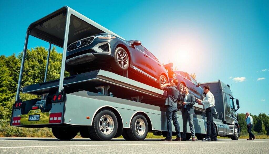 A professional auto transport service scene in Woodstock, GA, showcasing a sleek, modern car carrier truck in the foreground, safely securing vehicles on its deck. In the middle ground, a diverse team of professional workers, dressed in business attire, is inspecting one of the cars, emphasizing reliability and attention to detail. The background features a clear blue sky and lush greenery typical of Woodstock, adding to the sense of safety and tranquility. The sunlight casts a warm glow over the scene, highlighting the polished surfaces of the vehicles and the truck. Capture this moment from a low angle to enhance the sense of professionalism and care while conveying a trustworthy atmosphere. A professional auto transport service scene in Woodstock, GA, showcasing a sleek, modern car carrier truck in the foreground, safely securing vehicles on its deck. In the middle ground, a diverse team of professional workers, dressed in business attire, is inspecting one of the cars, emphasizing reliability and attention to detail. The background features a clear blue sky and lush greenery typical of Woodstock, adding to the sense of safety and tranquility. The sunlight casts a warm glow over the scene, highlighting the polished surfaces of the vehicles and the truck. Capture this moment from a low angle to enhance the sense of professionalism and care while conveying a trustworthy atmosphere.