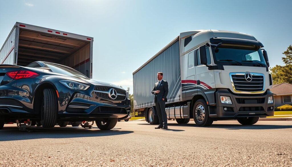 A professional car shipping and auto transport scene set in McDonough, GA. In the foreground, a sleek, modern car is being carefully loaded onto a large, well-maintained transport truck, showcasing the precision of car logistics. In the middle ground, a business professional in smart attire is overseeing the loading process, ensuring everything runs smoothly. The truck, adorned with company branding, contrasts against a clear blue sky, evoking a sense of reliability and professionalism. In the background, a suburban landscape with trees and a few homes enhances the local flavor. The lighting is bright and inviting, suggesting a sunny day, with a focus on highlighting the vehicles and the transport process. The mood conveys trust and efficiency, ideal for showcasing car shipping services.