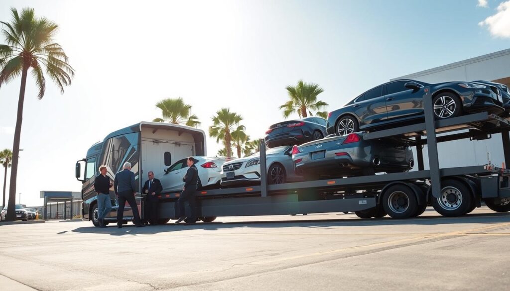 A professional car shipping scene in Brunswick, GA, showcasing a well-organized logistics operation. In the foreground, a sleek, modern car carrier truck is loading vehicles at a secure facility, with staff in professional attire coordinating the process. In the middle ground, a variety of cars are parked neatly on the transport truck, some with visible destination signage. The background features the coastal elements of Brunswick, with palm trees and a clear blue sky, conveying a sunny, optimistic atmosphere. The image is well-lit with soft sunlight illuminating the scene, captured from a low angle to highlight the truck and vehicles against the sky. The overall mood is one of reliability and efficiency in auto transport.