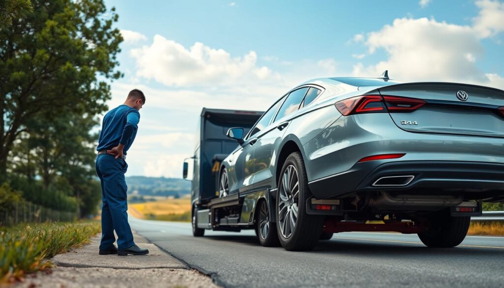 A professional car shipping scene set in Statesboro, Georgia. In the foreground, a sleek, modern car is being loaded onto a transport truck by a diligent worker in a blue uniform, reflecting professionalism and care for vehicles. The middle ground features the car carrier truck, robust and shiny, parked on a clean road with lush greenery on both sides. In the background, a clear blue sky with soft clouds and the outline of gentle hills represent the serene environment of Statesboro. The lighting is bright, conveying a sense of trust and reliability. The atmosphere is calm and industrious, emphasizing safe and on-time delivery for auto transport services. The composition is captured from a slight angle, showcasing both the truck and the worker's professionalism in action.