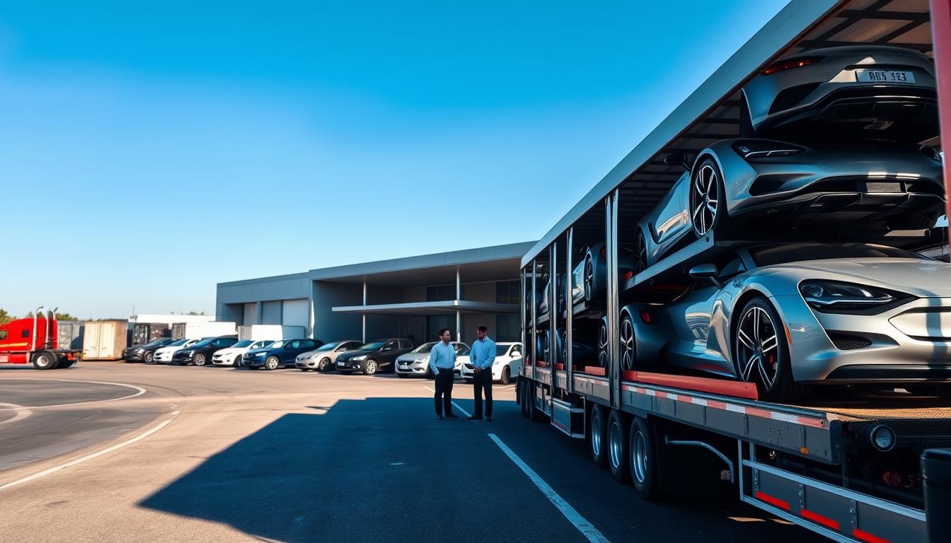 A professional car shipping scene showcasing various vehicle transport options. In the foreground, a wide-angle view of an auto transport truck loaded with luxury cars, conveying a sense of reliability. The middle ground features a modern shipping facility with staff in professional attire discussing logistics, surrounded by parked vehicles ready for transport. In the background, a clear blue sky pairs with a well-organized cargo area, enhancing the atmosphere of efficiency and trust. Soft sunlight illuminates the scene, creating warm, inviting shadows. The overall mood is one of professionalism and dependability, suitable for illustrating car shipping and transport options in Snellville, GA.