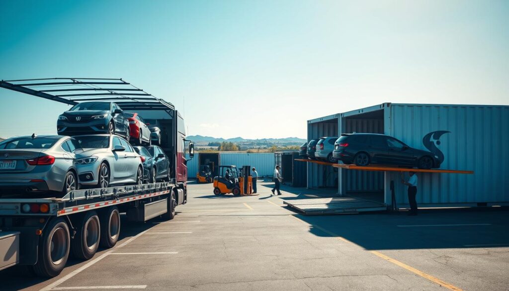 A professional car transport scene showcasing various vehicle shipping options in Waycross, GA. In the foreground, an open car carrier truck loaded with multiple vehicles, showing a mix of cars in different colors and models. In the middle, a busy auto transport loading area with forklifts and employees in professional attire inspecting vehicles, surrounded by shipping containers. In the background, the clear blue sky and a distant horizon featuring low rolling hills, symbolizing the logistics of transport. Soft natural light illuminates the scene, casting gentle shadows for depth. The atmosphere is organized and professional, reflecting the efficient nature of car shipping services.