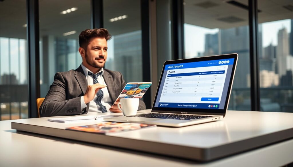 A professional office setting featuring a sleek desk with a laptop open to a vibrant digital quote page for auto transport services. In the foreground, a confident business person in smart casual attire, with a thoughtful expression while reviewing the quote, gestures towards the screen. The middle layer includes a colorful brochure depicting various modes of car shipping, tastefully arranged beside a coffee cup. The background has large windows allowing natural light to pour in, illuminating the space and highlighting a modern cityscape outside. The atmosphere conveys professionalism and clarity, emphasizing trust and efficiency in the car shipping process. Soft lighting enhances the overall warmth and approachability of the environment.