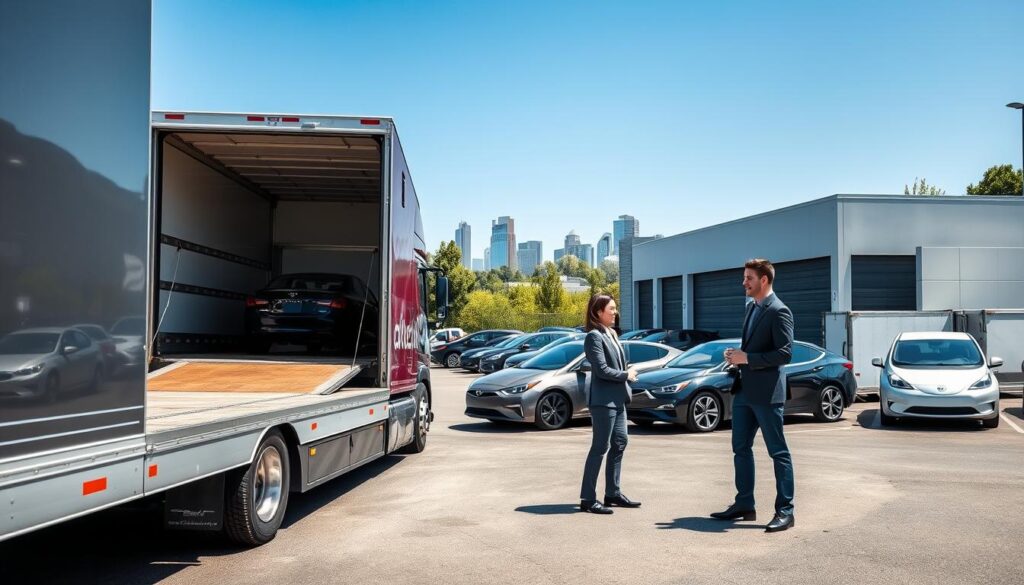 A professional scene depicting a trusted auto shipping company in Cartersville, GA. In the foreground, show a sleek, well-maintained transport truck with an open trailer, ready for loading vehicles. Two business professionals, a man and a woman, dressed in smart casual attire, are discussing logistics next to the truck, conveying a sense of reliability and expertise. In the middle ground, several parked cars await transport, showcasing a diverse range of vehicles, including sedans, SUVs, and electric cars. The background features a sunny, clear blue sky above a modern auto storage facility, surrounded by greenery and the outlines of the Cartersville skyline. Use natural lighting to create a bright, optimistic atmosphere, focusing on a slight angle to capture the depth of the scene.