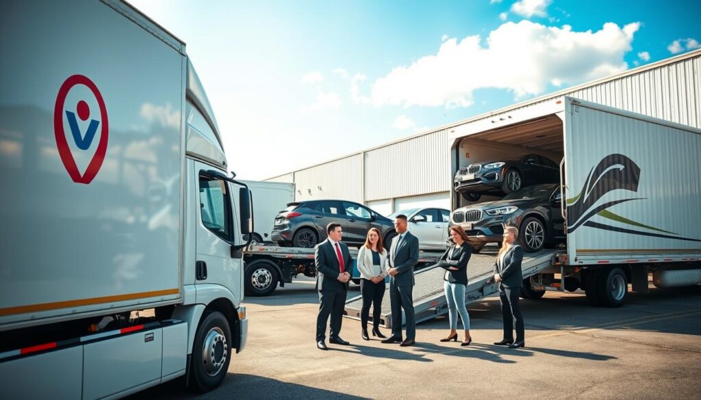 A professional vehicle shipping company scene depicting a busy transport yard in Douglasville, GA. In the foreground, a well-maintained delivery truck is parked, with a company logo visibly displayed. A cheerful, diverse group of employees in professional business attire are inspecting vehicles on a loading dock, ready for transport. In the middle ground, several high-quality cars are being loaded onto a large car carrier, showcasing the reliability of the service. The background features a warehouse with a bright blue sky overhead, allowing natural light to illuminate the scene, creating an optimistic and trustworthy atmosphere. Capture this from a slightly elevated angle, emphasizing the orderly organization of the shipping operation.