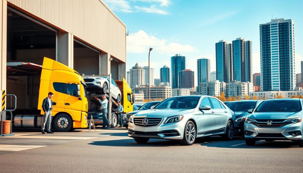 A professional vehicle transport service scene set in Decatur, Georgia. In the foreground, a sleek car carrier truck, brightly colored and in pristine condition, is parked beside a well-maintained warehouse. Workers in professional attire are loading vehicles onto the carrier, demonstrating efficient teamwork. In the middle ground, a variety of cars, including sedans and SUVs, are prominently displayed, showcasing the diversity of transport options available. The background features the skyline of Decatur, capturing an urban feel with tall buildings and clear blue skies, indicating a sunny day. Soft, natural lighting enhances the professionalism and reliability of the service. The image should reflect a mood of trust, efficiency, and modernity, emphasizing the fast and reliable nature of vehicle transport. A professional vehicle transport service scene set in Decatur, Georgia. In the foreground, a sleek car carrier truck, brightly colored and in pristine condition, is parked beside a well-maintained warehouse. Workers in professional attire are loading vehicles onto the carrier, demonstrating efficient teamwork. In the middle ground, a variety of cars, including sedans and SUVs, are prominently displayed, showcasing the diversity of transport options available. The background features the skyline of Decatur, capturing an urban feel with tall buildings and clear blue skies, indicating a sunny day. Soft, natural lighting enhances the professionalism and reliability of the service. The image should reflect a mood of trust, efficiency, and modernity, emphasizing the fast and reliable nature of vehicle transport.