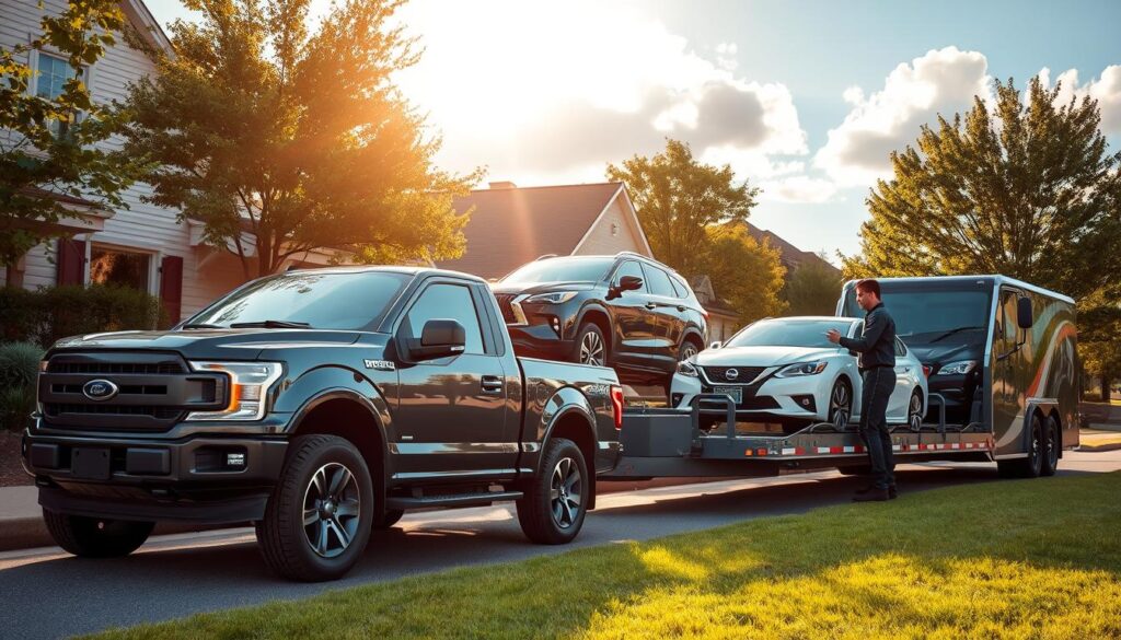 A reliable door-to-door auto transport scene set in Buford, GA, showcasing a modern pickup truck with a car trailer loaded with vehicles ready for delivery. In the foreground, the pickup truck is parked beside a suburban home, with lush greenery and a well-maintained lawn. The middle ground features a friendly, professionally dressed driver inspecting the cars on the trailer, wearing a company logo uniform. In the background, a clear blue sky with soft clouds bathes the scene in warm sunlight, highlighting the details of the truck and trailer. Capture the mood of trust and professionalism, emphasizing the seamless service of auto transport. Use a wide-angle lens for a dynamic perspective, ensuring clarity and vibrancy in colors. A reliable door-to-door auto transport scene set in Buford, GA, showcasing a modern pickup truck with a car trailer loaded with vehicles ready for delivery. In the foreground, the pickup truck is parked beside a suburban home, with lush greenery and a well-maintained lawn. The middle ground features a friendly, professionally dressed driver inspecting the cars on the trailer, wearing a company logo uniform. In the background, a clear blue sky with soft clouds bathes the scene in warm sunlight, highlighting the details of the truck and trailer. Capture the mood of trust and professionalism, emphasizing the seamless service of auto transport. Use a wide-angle lens for a dynamic perspective, ensuring clarity and vibrancy in colors.