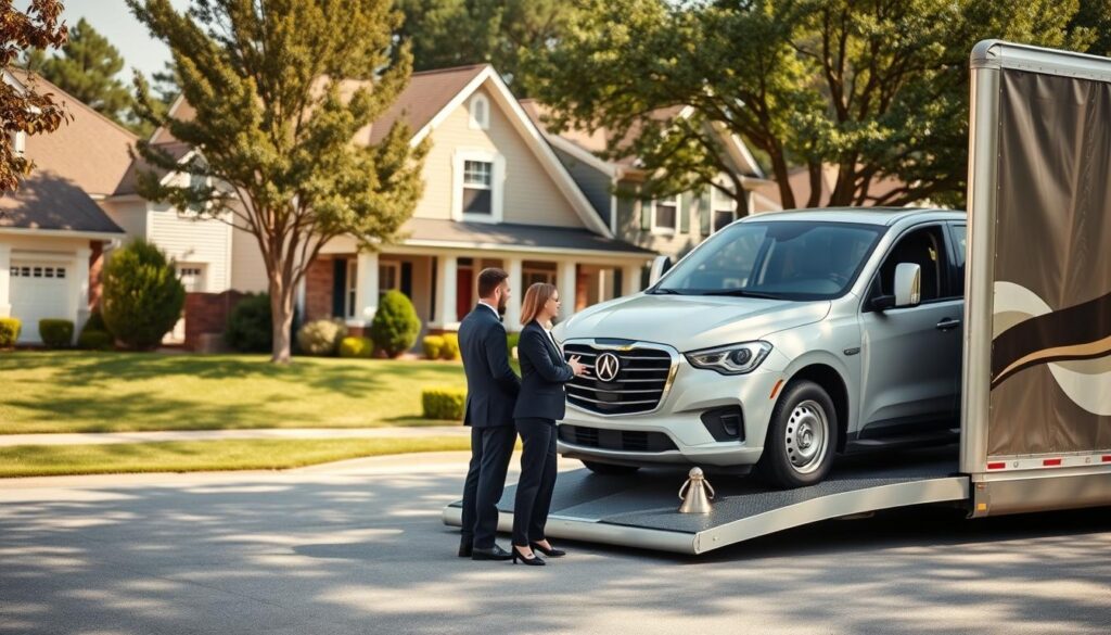 A residential street in Douglasville, GA, showcasing a professional auto transport service. In the foreground, a sleek, modern car carrier truck is parked, with a couple in professional business attire discussing logistics with an attentive driver. The middle ground features a home with a well-manicured lawn, highlighting a welcoming atmosphere. Bright sunlight casts soft shadows, creating a warm and inviting mood. The background reveals typical suburban houses and trees lining the street, contributing to the serene environment. The scene is captured with a wide-angle lens to emphasize the transport service in action, reflecting reliability and professionalism in car shipping.
