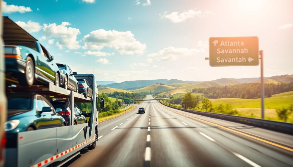 A scenic depiction of popular car shipping routes originating from Peachtree City, Georgia. In the foreground, visualize a modern car carrier vehicle loaded with cars, showcasing a mix of new and classic vehicles. The middle ground features a vibrant highway with clear signage pointing towards major destinations like Atlanta and Savannah, surrounded by lush greenery typical of the Georgia landscape. The background reveals rolling hills under a bright, sunny sky, conveying a sense of adventure and reliability. Use soft, natural lighting to enhance the cheerful atmosphere, creating a panoramic view with a slight tilt-shift effect for depth. Emphasize a professional, inviting look suitable for a transportation service theme.