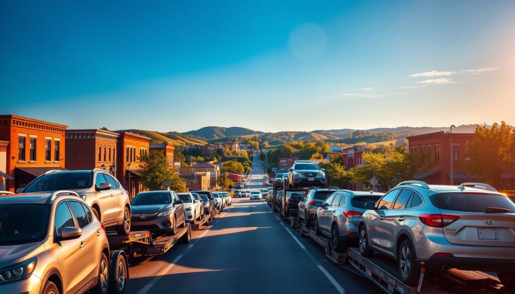 A scenic view of Newnan, Georgia, showcasing a bustling auto transport hub. In the foreground, a row of modern car carriers loaded with various vehicles, including sedans and SUVs, ready for shipment. In the middle ground, the inviting landscape features the historic downtown area with charming brick buildings, tree-lined streets, and clear blue skies. The background presents rolling hills and vibrant greenery typical of the region. Golden hour lighting casts a warm glow across the scene, creating a welcoming and dynamic atmosphere. The angle captures both the busy transport scene and the tranquil charm of Newnan, illustrating its role as a convenient hub for reliable vehicle transport.