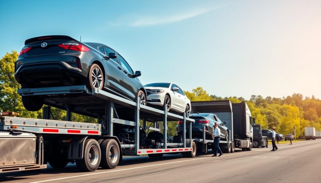 A scenic view of a car transport service in Suwanee, GA, featuring a professional auto transporter truck in the foreground, with several cars loaded securely on its trailer. The middle ground should display a bustling auto transport facility, with drivers in business attire overseeing operations and inspecting vehicles. In the background, a clear blue sky and green trees characterize the landscape, evoking a sense of reliability and professionalism. The lighting should suggest a bright, sunny day, enhancing the image's positive mood. Utilize a wide-angle lens to capture the scene's grandeur, highlighting the efficiency and security of the auto transport services available to Suwanee drivers.