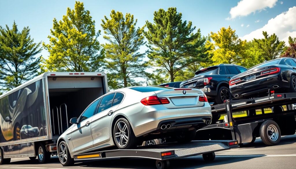 A scenic view showcasing various car shipping options in Dunwoody, GA. In the foreground, a professional-looking auto transport truck is loading a shiny sedan, highlighting the car shipping process. In the middle ground, there are different vehicles such as SUVs and trucks displayed on a car carrier, emphasizing the variety of transport options. The background features a sunny, clear sky with lush green trees typical of Dunwoody, creating a warm and inviting atmosphere. The scene is well-lit, capturing the details of the vehicles and the truck's functionality. Use a wide-angle lens to encompass the entirety of the scene, conveying a sense of reliability and professionalism in auto transport services.
