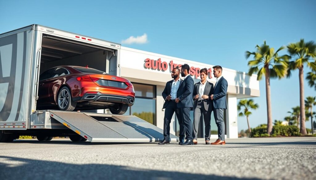 A sleek, modern auto transport truck parked in front of a clean, professional-looking auto transport business in McDonough, GA. In the foreground, focus on the truck loading a shiny car with vibrant colors, showcasing a sense of reliability and efficiency. The middle ground features a team of diverse professionals in business attire discussing logistics, symbolizing trust and expertise. The background shows a sunny day with clear blue skies and palm trees, exuding a friendly, welcoming atmosphere. Soft, natural lighting highlights the details, while a slightly angled perspective gives depth to the scene. The mood is positive and professional, ideal for conveying the concept of trusted auto transport services.