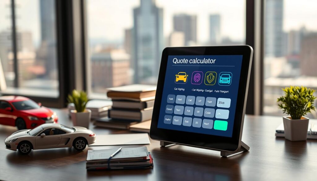 A sleek, modern digital "quote calculator" interface prominently displayed in the foreground, featuring a transparent touchscreen with vibrant icons symbolizing car shipping and auto transport. The middle ground showcases an organized workspace, with car models, documents, and a small plant for a touch of greenery, all bathed in soft natural light from a large window. The background has a blurred cityscape of Cartersville, Georgia, suggesting an urban environment. The atmosphere conveys professionalism and reliability, emphasizing the theme of efficient auto transport services. The image should be captured from a slightly elevated angle to provide depth and interest, ensuring clarity and focus on the quote calculator without any text or overlays.