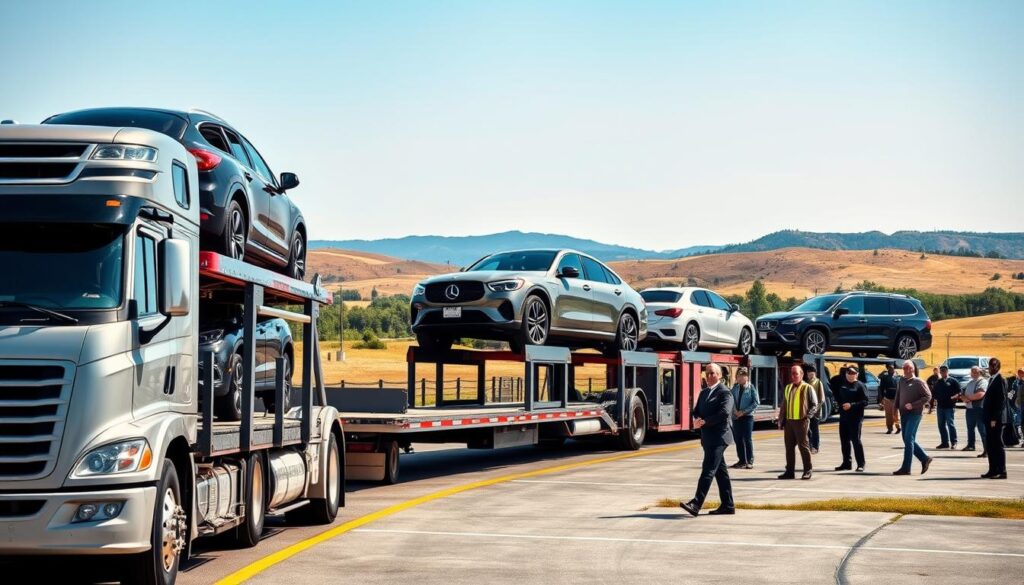 A vibrant and dynamic scene depicting car shipping and auto transport in Fayetteville, GA. In the foreground, a modern car carrier truck is loaded with a variety of vehicles, including classic cars and SUVs, showcasing the transport process. The middle ground features a well-organized logistics yard with workers in professional attire overseeing the loading process, highlighting teamwork and reliability. In the background, the scenic Fayetteville landscape includes rolling hills and clear blue skies, contributing to a sense of professionalism and trustworthiness. The lighting is bright and natural, evoking a sunlit afternoon. The perspective is slightly elevated, capturing the scope of the operation. The overall mood is industrious yet friendly, emphasizing a reliable service environment without any text or branding elements.
