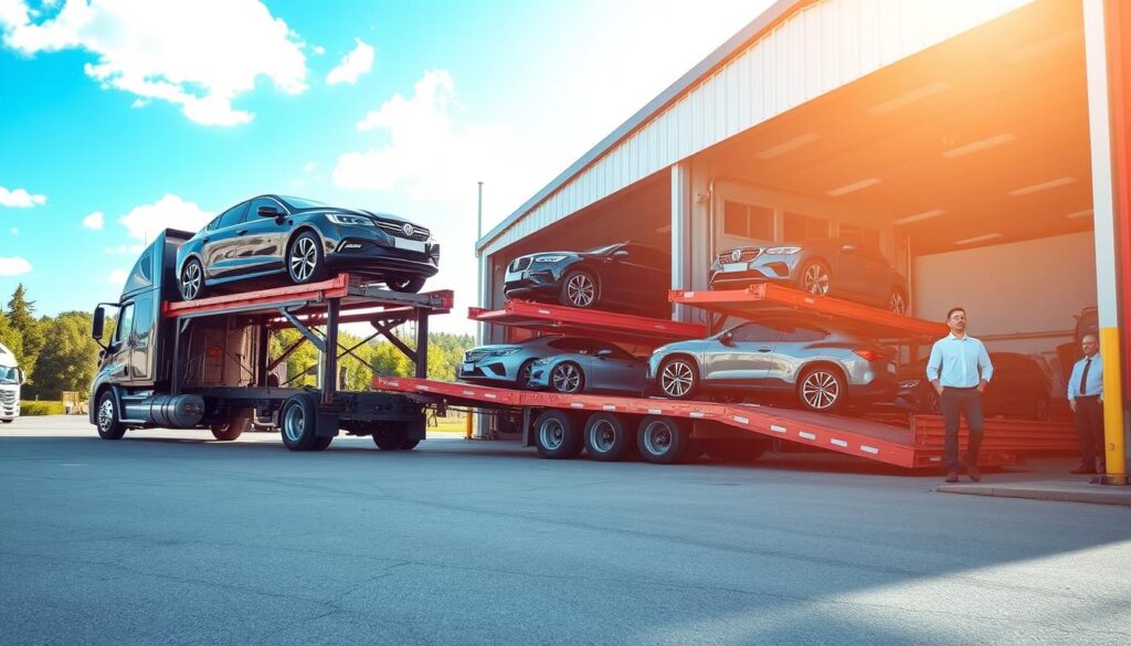 A vibrant car shipping scene set in Suwanee, GA. In the foreground, a semi-trailer truck is parked with a sleek car loaded on its top deck, showcasing a range of vehicles from sedans to SUVs. The middle ground features a busy warehouse facility with workers in professional attire overseeing the loading process. Behind them, a bright blue sky contrasts with the greenery of Suwanee, Georgia, signifying a sunny day. The lighting is bright, illuminating the scene and casting soft shadows. The atmosphere is bustling yet organized, conveying reliability and professionalism in the car transport industry. Use a wide-angle lens to capture the entire operation, emphasizing the scale and efficiency of the vehicle shipping process.