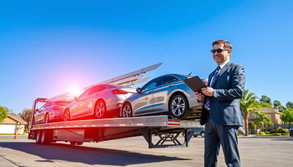 A vibrant scene depicting a bustling car shipping and auto transport hub in Roswell, GA. In the foreground, a sleek car carrier truck is positioned, showcasing several cars securely loaded and ready for transport, their shiny surfaces glinting in the sunlight. The middle ground features a friendly, professional attendant in business attire, guiding customers through the shipping process, with a clipboard in hand. In the background, a clear blue sky frames the transport yard, with trees and suburban architecture typical of Roswell, embodying a warm and inviting atmosphere. The lighting is bright and natural, capturing the essence of a productive day in the auto transport industry, with a focus on efficiency and care. The image conveys a sense of reliability and professionalism in car shipping services.
