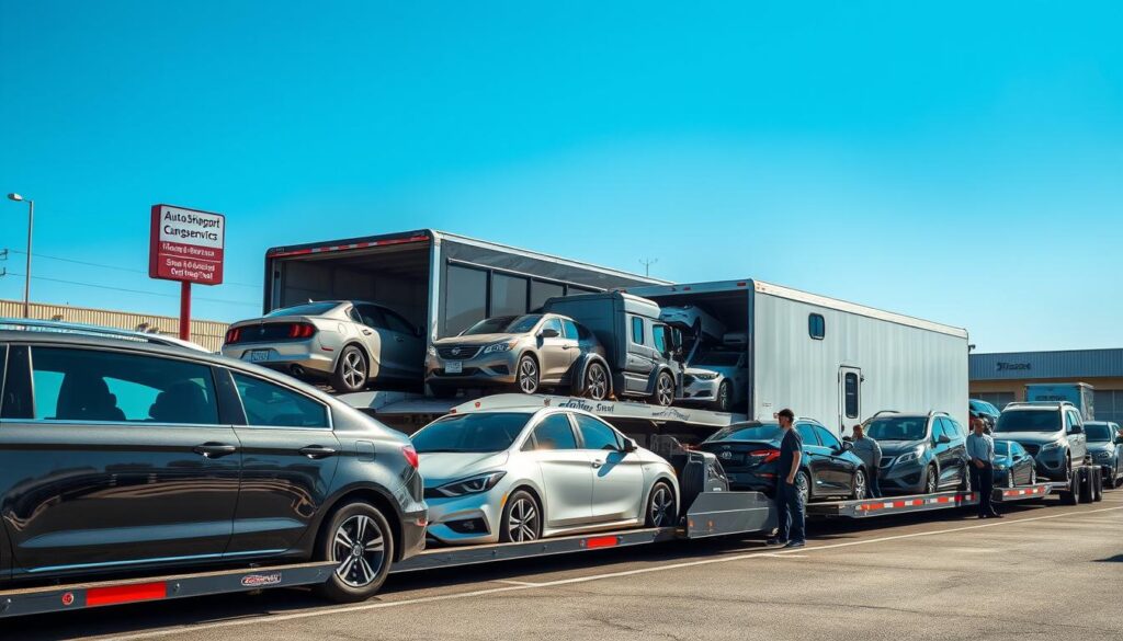 A vibrant scene depicting a busy car shipping terminal in Columbus, GA. In the foreground, several car carriers are lined up, showcasing a variety of vehicles like sedans, SUVs, and vans ready for transport. Workers in professional attire are efficiently loading and unloading cars, emphasizing the operational aspect. In the middle ground, a large, modern shipping truck is parked, with its spacious loading area visible, surrounded by a well-organized workspace. The background features clear blue skies, and the terminal's signage hints at location and services offered. The lighting is bright and inviting, suggesting a sunny afternoon. Capture the hustle and bustle of auto transport, highlighting reliability and efficiency, evoking a sense of professionalism and trust in car shipping services.
