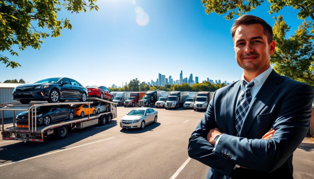A vibrant scene depicting a car shipping and auto transport facility in Woodstock, GA. In the foreground, a professional-looking individual in business attire stands confidently next to a transport truck loaded with diverse cars, showcasing the variety of vehicles being shipped. The middle ground features multiple auto transport trucks lined up, with some cars being loaded and unloaded. The background reveals a clear blue sky and the outline of the Woodstock skyline, along with trees framing the scene to create a sense of locality. The lighting is bright and natural, simulating a sunny day, while a wide-angle view captures the busy atmosphere of the transport yard. The mood is professional and dynamic, emphasizing reliability and efficiency in car shipping. A vibrant scene depicting a car shipping and auto transport facility in Woodstock, GA. In the foreground, a professional-looking individual in business attire stands confidently next to a transport truck loaded with diverse cars, showcasing the variety of vehicles being shipped. The middle ground features multiple auto transport trucks lined up, with some cars being loaded and unloaded. The background reveals a clear blue sky and the outline of the Woodstock skyline, along with trees framing the scene to create a sense of locality. The lighting is bright and natural, simulating a sunny day, while a wide-angle view captures the busy atmosphere of the transport yard. The mood is professional and dynamic, emphasizing reliability and efficiency in car shipping.