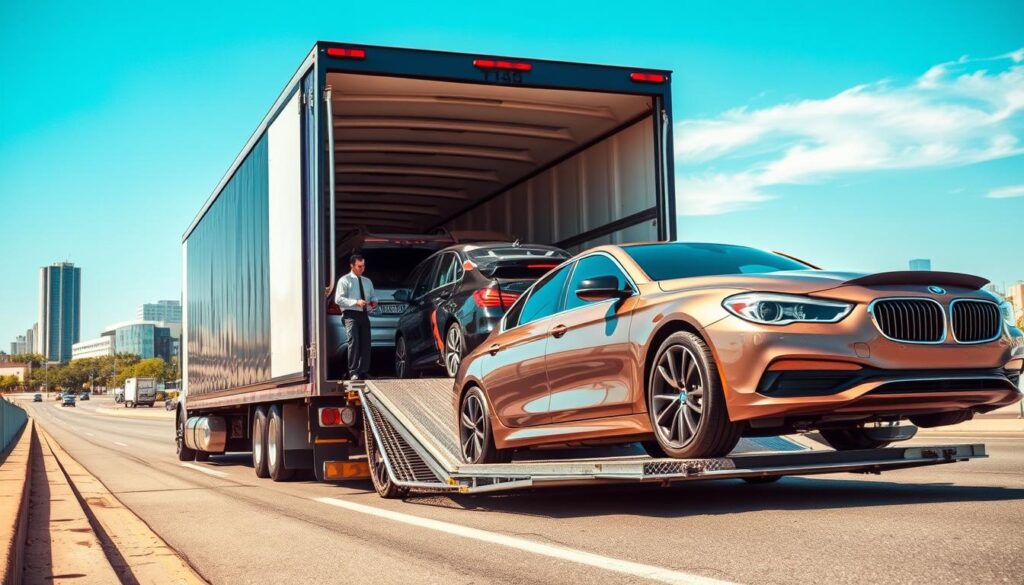 A vibrant scene depicting a professional car shipping service in Albany, GA. In the foreground, showcase a sleek, modern car being carefully loaded onto a specialized car transport truck, with a driver dressed in professional attire overseeing the process. In the middle ground, feature the transport truck filled with various vehicles securely fastened, conveying a sense of reliability and safety. In the background, depict a clear blue sky and the outline of Albany’s cityscape, featuring recognizable landmarks to establish location. The lighting should be bright and natural, emphasizing the midday sun, while the angle captures the action from a slightly elevated perspective, enhancing depth and providing a comprehensive view of the service, evoking a mood of trust and efficiency.