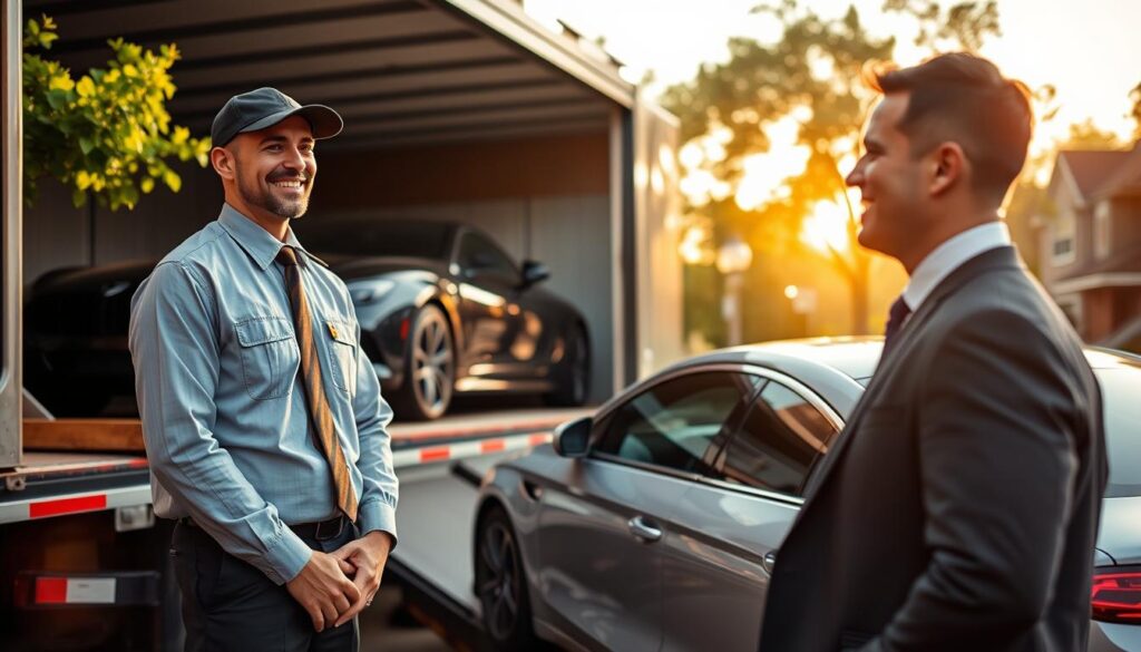 A vibrant scene depicting a reliable door-to-door auto transport service in LaGrange, GA. In the foreground, a professional driver in a neatly-fitted uniform stands next to a sleek, modern car loaded onto a transport truck. The driver is smiling and engaging with the car owner, who is dressed in smart casual attire, showcasing a friendly interaction. The middle ground features the transport truck in vivid detail, with an array of cars securely loaded, illustrating a dependable service. In the background, a picturesque suburban neighborhood in LaGrange is visible, bathed in warm late afternoon sunlight that filters through the trees, creating a welcoming atmosphere. The composition should capture the essence of reliability and professionalism in auto transport, conveying trust and comfort.