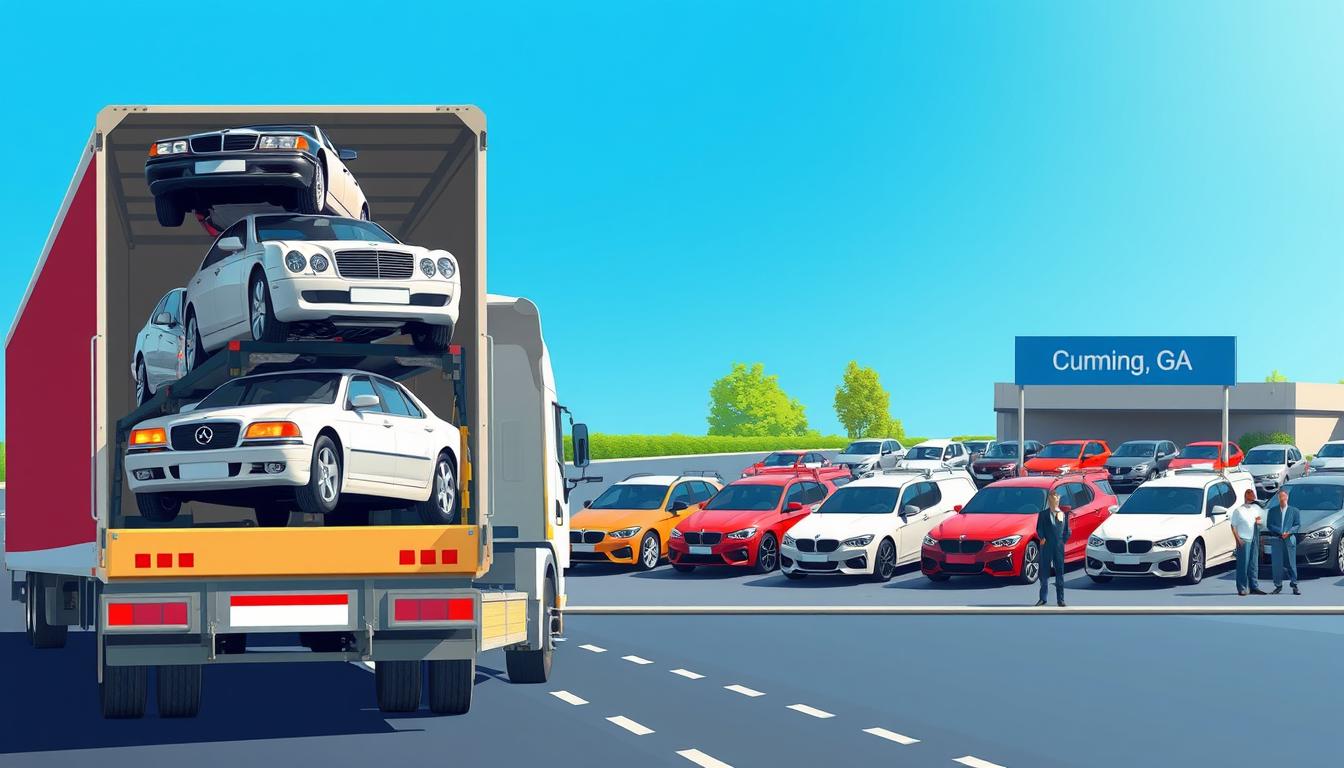 A vivid and engaging illustration depicting various vehicle transport options for car shipping and auto transport. In the foreground, there is an open car carrier truck loaded with different vehicles, including sedans, SUVs, and classic cars, showcasing the diversity of options. The middle ground features a busy auto transport yard with well-organized rows of vehicles waiting for shipping, along with transport staff in professional attire overseeing the operations. In the background, a clear blue sky enhances the scene, and a sign reading "Cumming, GA" is subtly integrated. The lighting is bright and natural, conveying a sense of security and reliability. The composition is captured from a slightly elevated angle to provide depth and context, creating a professional and informative atmosphere.