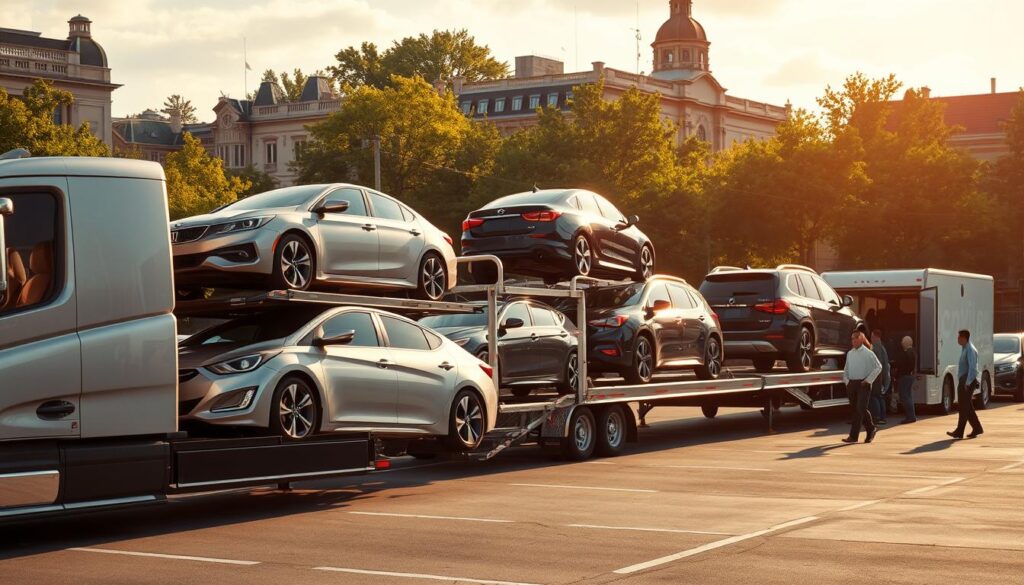 A vivid scene capturing the essence of auto transport in Marietta, GA. In the foreground, a sleek, modern car carrier trailer is loaded with various vehicles, showcasing a mix of sedans and SUVs, reflecting the diversity of auto transport options. Middle ground features a bustling auto transport yard with professional, casually-dressed individuals coordinating logistics, and the classic architecture of Marietta in the background, including historic buildings and lush greenery. The atmosphere is bright and vibrant, illuminated by warm, golden sunlight, creating a sense of energy and efficiency. Shot from a slightly elevated angle to capture the entire scene, emphasizing the importance of Marietta as a smart hub for efficient and reliable car shipping and auto transport services.