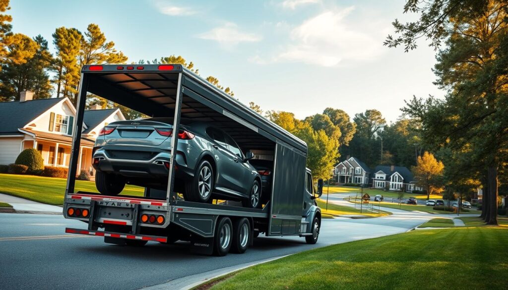 A well-maintained open car transport truck parked on a suburban street in Alpharetta, GA. In the foreground, the truck's sleek design showcases multiple vehicles securely loaded, emphasizing safety and reliability. The middle ground features a picturesque neighborhood with sunlit houses and lush green lawns, creating a sense of community. In the background, the iconic Southern landscape with tall trees and a clear blue sky reflects a warm, welcoming atmosphere. Soft, natural lighting highlights the colors of the cars and the truck, while a slight angle captures the truck from a low perspective, emphasizing its size. The overall mood conveys convenience and peace of mind, perfect for auto transport services in Alpharetta, GA.