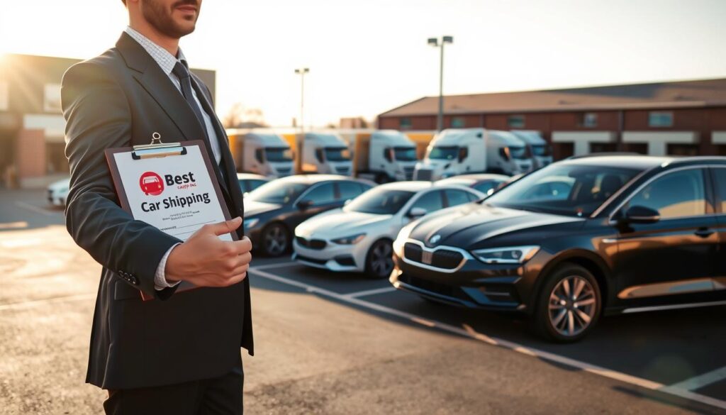 A bright and professional dealership lot scene at dawn, featuring a shiny new car being prepared for shipment. In the foreground, a well-dressed auto dealer in a suit gestures towards a clipboard, showcasing "Best Car Shipping Inc" logo. In the middle, several transport trucks are parked, ready to load vehicles, while an array of various cars, including sedans and SUVs, is neatly arranged in the lot. The background reveals a clear sky, reflecting early morning sunlight, with brick buildings of the dealership adding to the ambiance. The atmosphere is organized and efficient, highlighting the theme of professional car shipping arrangements. The image is bright and welcoming, conveying trust and reliability, ideal for illustrating the topic of dealer shipping versus third-party transport.