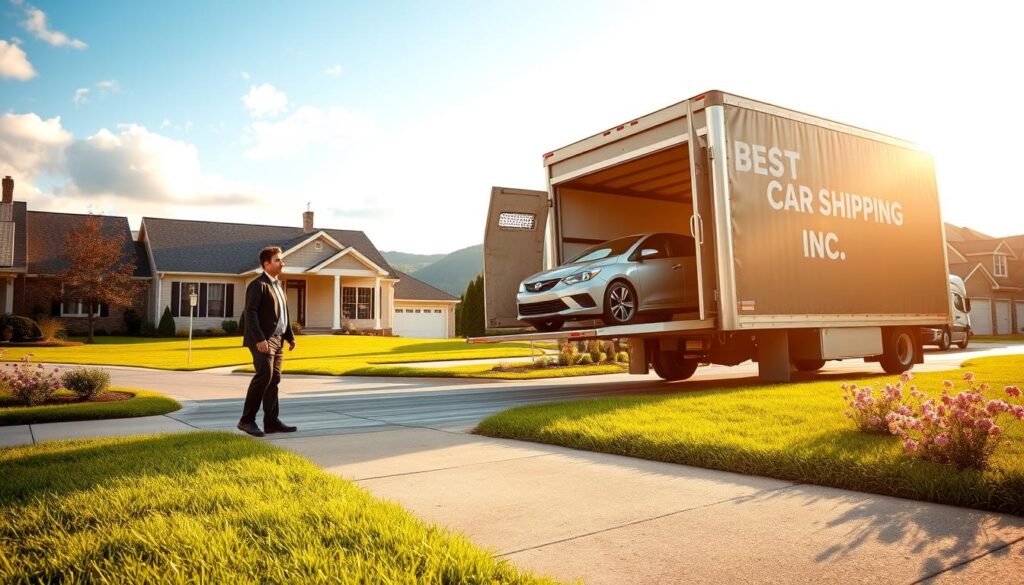 A bright, cheerful suburban street in Owensboro, Kentucky, featuring a professional-looking delivery truck emblazoned with the brand name "Best Car Shipping Inc." parked in front of a charming home. In the foreground, a professional delivery driver in neat business attire is unloading a small car from the truck, smiling as they interact with a homeowner who looks pleased. The middle ground showcases the truck and car, with well-maintained lawns and blooming flowers adding a touch of vibrance. In the background, gentle hills and blue skies with soft clouds create a positive atmosphere. The lighting is warm and inviting, reminiscent of a sunny afternoon, enhancing the sense of reliability and friendliness in auto shipping services. A wide-angle lens captures the whole scene with clarity.