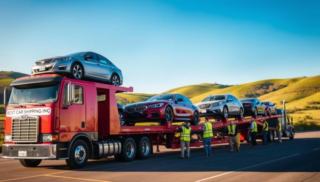 A bright, sunny day in Hustonville, Kentucky, showcasing a bustling vehicle transport yard. In the foreground, a modern, bright red car carrier truck labeled "Best Car Shipping Inc" is parked with an array of vehicles – sedans and SUVs – securely loaded on its flatbed. The middle ground features professional workers in safety vests coordinating the loading process, their focused expressions conveying reliability and expertise. In the background, rolling green hills and a clear blue sky highlight the scenic Kentucky landscape. The scene is illuminated by warm, natural lighting, casting soft shadows that enhance the dynamic atmosphere of efficient car shipping operations. The overall mood is one of professionalism and trust in auto transport services.