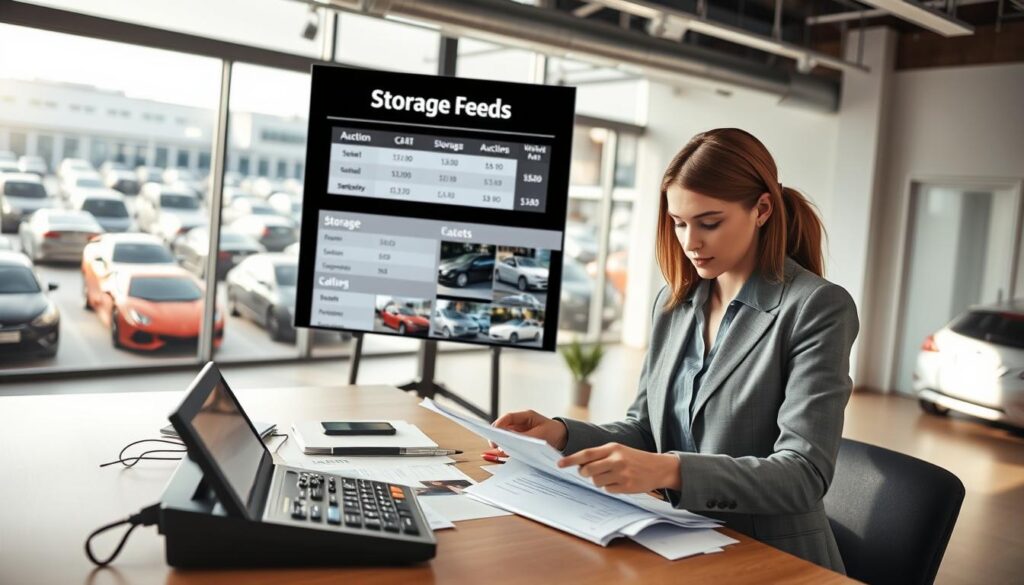A business setting showcasing a modern shipping office, focused on the theme of automotive storage fees. In the foreground, a professional-looking female employee in modest business attire reviews documents on a desk cluttered with car transport papers and a calculator displaying costs. In the middle ground, a digital screen shows a breakdown of storage fees alongside images of auction cars. The background features large windows revealing a busy car auction lot, with parked vehicles waiting for transport, emphasizing the importance of timely shipping to avoid fees. Soft natural light streams in from the windows, creating a focused yet inviting atmosphere. The branding "Best Car Shipping Inc" is subtly integrated into the office environment, ensuring a cohesive look without overt distractions.