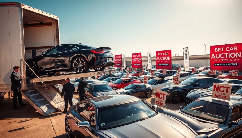 A bustling auction scene featuring a variety of vehicles being prepared for transport by Best Car Shipping Inc. In the foreground, a sleek black car is being loaded onto a modern car transport truck, showcasing professional staff in business attire coordinating the logistics. The middle ground highlights a diverse array of auction cars, from classic models to luxury vehicles, parked prominently with auction signs. In the background, a bright blue sky adds an uplifting atmosphere, while strategically placed banners indicate both online and in-person auction locations. Soft sunlight illuminates the scene, creating dynamic shadows and highlighting the shiny surfaces of the cars. The overall mood is vibrant and industrious, emphasizing the reliability and efficiency of car transport services across the nation.
