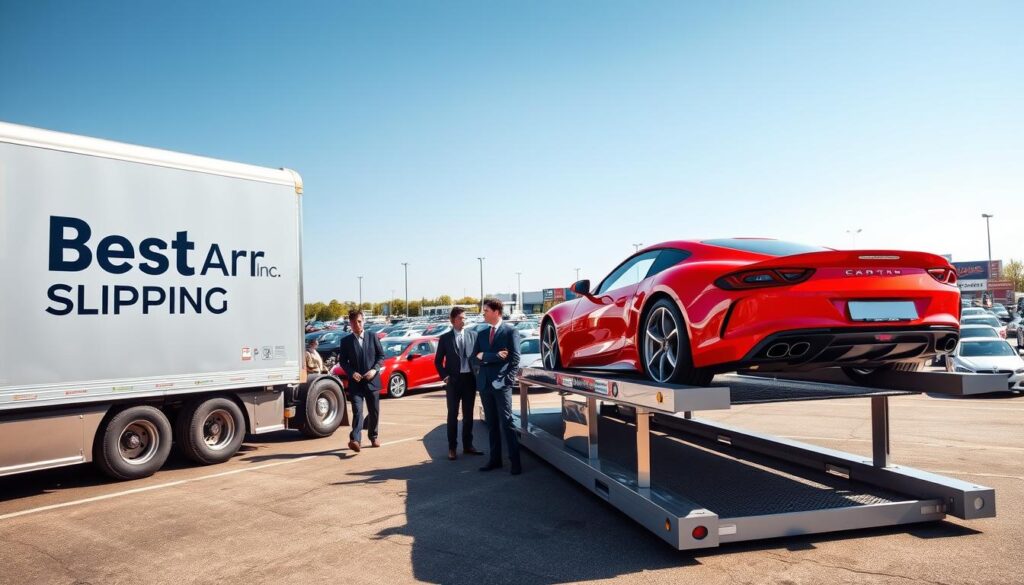 A bustling auction vehicle transport scene unfolds in the foreground, featuring a sleek, modern car carrier truck emblazoned with the logo of "Best Car Shipping Inc." The truck is poised to receive an auction vehicle, a vibrant sports car in bright red, showcasing its curves and gleaming finish. In the middle ground, a team of two well-dressed transport professionals in business attire manage the loading process with precise coordination. The background reveals an expansive outdoor auction lot filled with various cars and auction signage under a clear blue sky. The scene is well-lit with midday sun, creating crisp shadows that enhance the details of both vehicles and the lively atmosphere of the auction. The overall mood conveys efficiency, trust, and excitement about hassle-free transport across the United States.