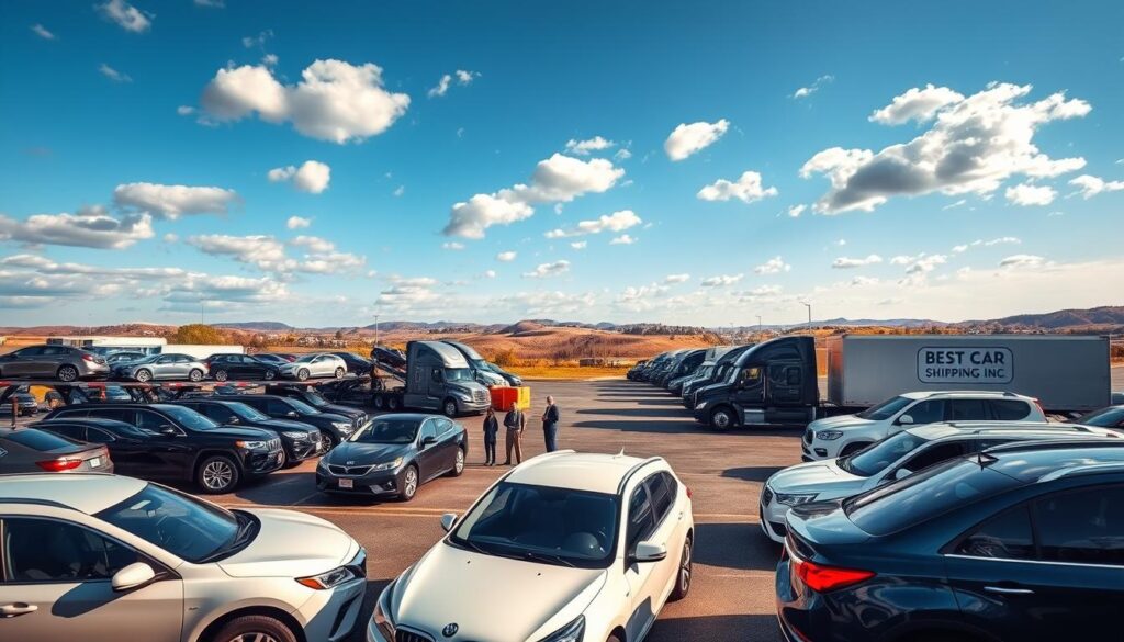 A bustling auto route hub in Hopkinsville, Kentucky, featuring a modern car shipping terminal with multiple car carriers and trucks parked, ready for loading and unloading. In the foreground, several vehicles of diverse makes and models are neatly lined up, showcasing the range of options available for car shipping. The middle ground includes professional workers in business attire efficiently coordinating logistics, while the background reveals a clear blue sky dotted with scattered clouds and the distant outlines of hills, embodying the charm of Kentucky. The scene is illuminated by warm afternoon sunlight, creating a welcoming, optimistic atmosphere. The logo of "Best Car Shipping Inc" is subtly featured on one of the car carriers, adding a touch of professionalism to the setting. The camera angle is slightly elevated, capturing the entire hub’s activities in a dynamic and engaging composition. A bustling auto route hub in Hopkinsville, Kentucky, featuring a modern car shipping terminal with multiple car carriers and trucks parked, ready for loading and unloading. In the foreground, several vehicles of diverse makes and models are neatly lined up, showcasing the range of options available for car shipping. The middle ground includes professional workers in business attire efficiently coordinating logistics, while the background reveals a clear blue sky dotted with scattered clouds and the distant outlines of hills, embodying the charm of Kentucky. The scene is illuminated by warm afternoon sunlight, creating a welcoming, optimistic atmosphere. The logo of "Best Car Shipping Inc" is subtly featured on one of the car carriers, adding a touch of professionalism to the setting. The camera angle is slightly elevated, capturing the entire hub’s activities in a dynamic and engaging composition.