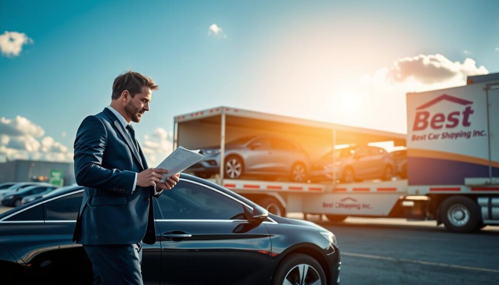 A bustling auto shipping yard during daytime, featuring a variety of cars being loaded onto a large car transport truck. In the foreground, a professional logistics coordinator in a navy blue suit is reviewing shipping documents, standing next to a sleek black sedan. In the middle ground, the transport truck is ready to depart, filled with pristine vehicles arranged neatly. The background showcases a bright blue sky with a few fluffy clouds, and the logo "Best Car Shipping Inc" is prominently displayed on the truck's side. The scene is illuminated by soft sunlight, creating a warm and reliable atmosphere that conveys efficiency and professionalism in car shipping services.