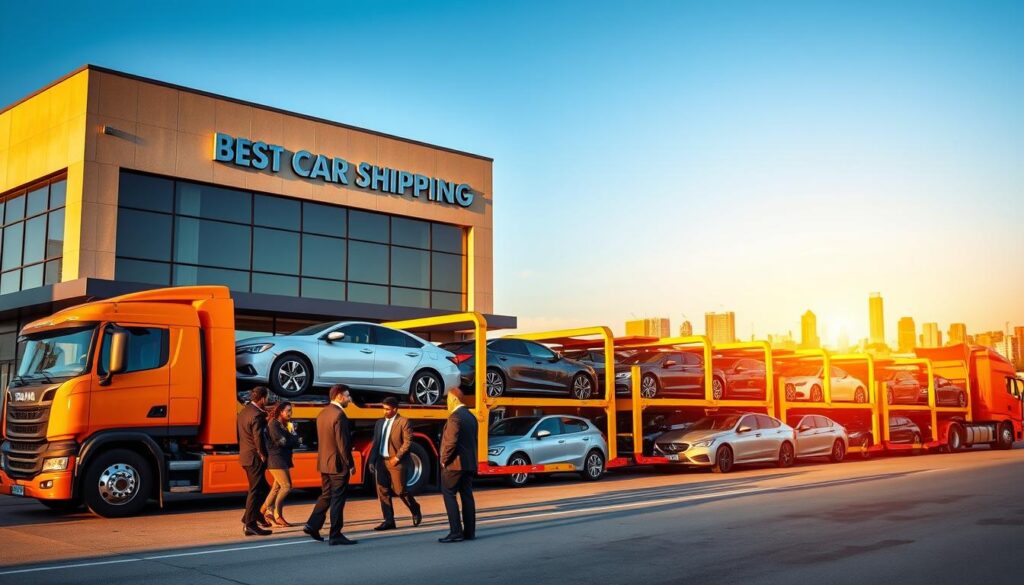 A bustling auto transport company scene, featuring a fleet of brightly colored car transport trucks parked in front of a modern office building labeled "Best Car Shipping Inc." In the foreground, a professional, diverse team of auto transport staff in business attire is discussing logistics near a sleek truck loaded with vehicles. In the middle ground, the transport trucks are positioned at various angles, showcasing a range of cars, including sedans and SUVs, in pristine condition. The background features a clear, blue sky above a vibrant Shelbyville skyline. The scene is illuminated by warm sunlight, casting gentle shadows, creating a trustworthy and reliable atmosphere. Capture the optimism and professionalism of a reputable auto transport business, focusing on efficiency and customer satisfaction. A bustling auto transport company scene, featuring a fleet of brightly colored car transport trucks parked in front of a modern office building labeled "Best Car Shipping Inc." In the foreground, a professional, diverse team of auto transport staff in business attire is discussing logistics near a sleek truck loaded with vehicles. In the middle ground, the transport trucks are positioned at various angles, showcasing a range of cars, including sedans and SUVs, in pristine condition. The background features a clear, blue sky above a vibrant Shelbyville skyline. The scene is illuminated by warm sunlight, casting gentle shadows, creating a trustworthy and reliable atmosphere. Capture the optimism and professionalism of a reputable auto transport business, focusing on efficiency and customer satisfaction.