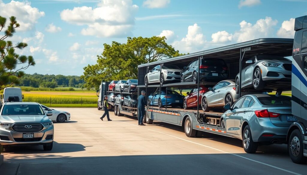 A bustling auto transport network in Franklin, Louisiana, featuring a well-organized car shipping depot. In the foreground, a sleek truck from "Best Car Shipping Inc" is being loaded with vehicles, showcasing a variety of cars in pristine condition. The middle ground displays workers in professional attire efficiently coordinating the loading process, ensuring safe handling. In the background, a vibrant Louisiana landscape with lush greenery and a clear blue sky enhances the scene, giving a sense of place. Soft, natural lighting bathes the scene, creating an atmosphere of reliability and professionalism. Captured with a wide-angle lens, the image reflects the dedication and trustworthiness of auto transport services, highlighting the commitment to safe, on-time delivery. A bustling auto transport network in Franklin, Louisiana, featuring a well-organized car shipping depot. In the foreground, a sleek truck from "Best Car Shipping Inc" is being loaded with vehicles, showcasing a variety of cars in pristine condition. The middle ground displays workers in professional attire efficiently coordinating the loading process, ensuring safe handling. In the background, a vibrant Louisiana landscape with lush greenery and a clear blue sky enhances the scene, giving a sense of place. Soft, natural lighting bathes the scene, creating an atmosphere of reliability and professionalism. Captured with a wide-angle lens, the image reflects the dedication and trustworthiness of auto transport services, highlighting the commitment to safe, on-time delivery.