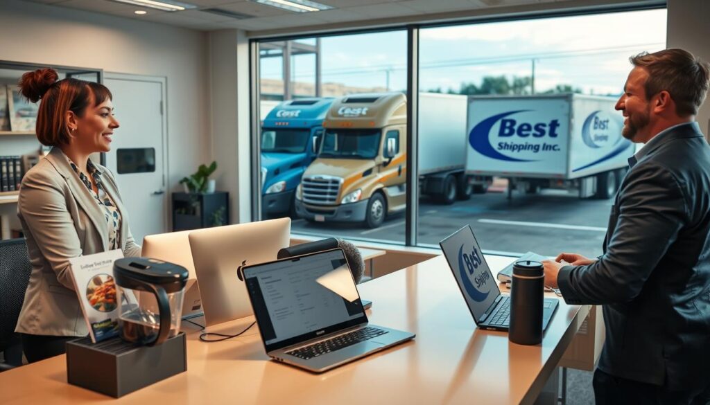 A bustling auto transport office scene in Newport, Kentucky, featuring a friendly customer service representative professionally dressed in business attire, engaged in a conversation with a satisfied customer. The foreground showcases a sleek desk with car transport brochures, a laptop displaying shipping logistics, and a welcoming coffee station. In the middle, a warm, inviting atmosphere is highlighted by soft, ambient lighting that casts gentle shadows, enhancing the sense of approachability. The background reveals a large window with a view of parked transport trucks emblazoned with the brand "Best Car Shipping Inc," showcasing the company’s fleet. The overall mood is focused on customer care and professionalism, emphasizing personalized service in the auto transport industry, with a hint of the vibrant Newport cityscape outside.