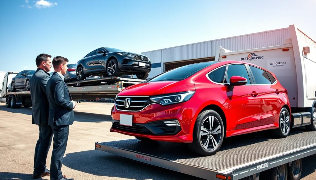 A bustling auto transport scene in Ashland, Kentucky, showcasing trusted auto shipping services. In the foreground, a professional male and female auto shipping agent in business attire discuss logistics beside a bright red car on a flatbed truck, displaying the brand name "Best Car Shipping Inc" prominently on the side. The middle ground features multiple cars being loaded onto a sleek transport truck, while a modern auto transport facility is visible in the background with clear blue skies overhead. The lighting is bright and inviting, suggesting a sunny day. Use a wide-angle lens to emphasize the scale of the operation, creating a sense of reliability and trustworthiness. The overall mood is professional and efficient, capturing the essence of dependable auto shipping services in the local area.