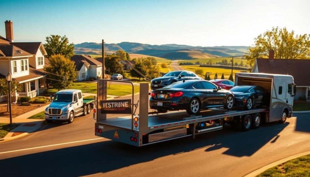 A bustling auto transport scene in Dry Ridge, Kentucky, featuring a professional car shipping company, "Best Car Shipping Inc." In the foreground, a sleek transport truck loaded with shiny cars glides through a quiet suburban street lined with charming homes and greenery. The middle ground showcases a well-organized auto transport yard, with staff in smart, professional attire loading vehicles onto the truck. In the background, the typical Kentucky landscape stretches out, with rolling hills and a clear blue sky, emphasizing the serene atmosphere. Soft, warm sunlight bathes the scene, casting gentle shadows, and the perspective is slightly low to accentuate the truck's impressive size and the importance of the service. The overall mood is efficient and trustworthy, embodying expert car shipping and auto transport. A bustling auto transport scene in Dry Ridge, Kentucky, featuring a professional car shipping company, "Best Car Shipping Inc." In the foreground, a sleek transport truck loaded with shiny cars glides through a quiet suburban street lined with charming homes and greenery. The middle ground showcases a well-organized auto transport yard, with staff in smart, professional attire loading vehicles onto the truck. In the background, the typical Kentucky landscape stretches out, with rolling hills and a clear blue sky, emphasizing the serene atmosphere. Soft, warm sunlight bathes the scene, casting gentle shadows, and the perspective is slightly low to accentuate the truck's impressive size and the importance of the service. The overall mood is efficient and trustworthy, embodying expert car shipping and auto transport.