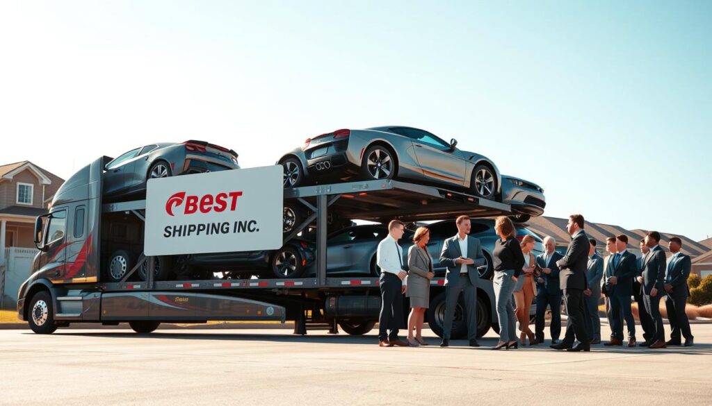A bustling auto transport scene in Jennings, Louisiana, showcasing a professional vehicle transportation service. In the foreground, a sleek car carrier truck with the logo "Best Car Shipping Inc" prominently displayed, loaded with various vehicles ready for shipping. In the middle, a diverse group of individuals in professional business attire, discussing logistics, emphasize a collaborative approach to auto transport. The background features a clear blue sky and residential buildings typical of Jennings, adding a sense of place. The scene is illuminated by warm, natural sunlight, casting gentle shadows, creating a welcoming atmosphere. A wide-angle lens captures the action, emphasizing safety and reliability in auto transport services, ensuring on-time delivery. A bustling auto transport scene in Jennings, Louisiana, showcasing a professional vehicle transportation service. In the foreground, a sleek car carrier truck with the logo "Best Car Shipping Inc" prominently displayed, loaded with various vehicles ready for shipping. In the middle, a diverse group of individuals in professional business attire, discussing logistics, emphasize a collaborative approach to auto transport. The background features a clear blue sky and residential buildings typical of Jennings, adding a sense of place. The scene is illuminated by warm, natural sunlight, casting gentle shadows, creating a welcoming atmosphere. A wide-angle lens captures the action, emphasizing safety and reliability in auto transport services, ensuring on-time delivery.