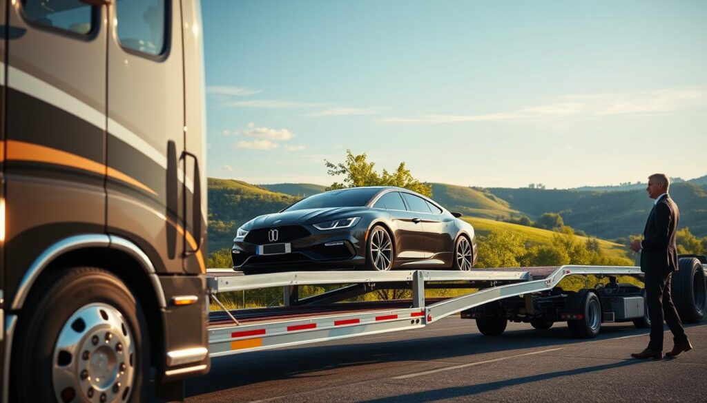 A bustling auto transport scene in Mount Sterling, Kentucky, showcasing a sleek, modern car carrier truck from "Best Car Shipping Inc" in the foreground. The truck, with its shiny chrome details, is loading a luxury sedan while a friendly driver, dressed in professional business attire, supervises the process. In the middle ground, a vibrant backdrop of Mount Sterling's picturesque landscape features rolling hills and green trees, under a clear blue sky with soft, natural lighting illuminating the scene. The angle is slightly elevated, giving a broad view of the transport operation, evoking a sense of professionalism and reliability. The mood is dynamic yet serene, encapsulating the efficient vehicle transport experience that local drivers trust.