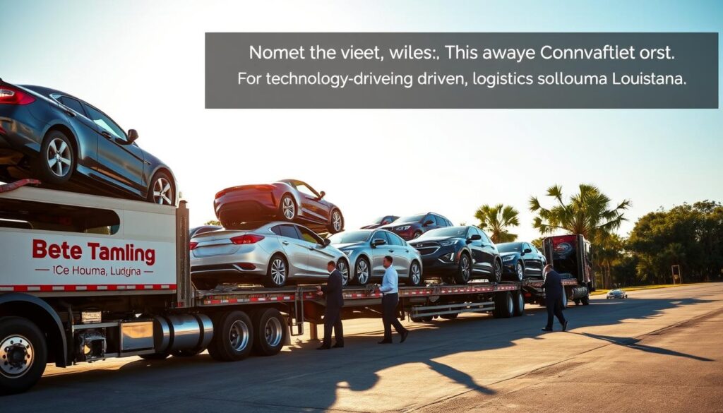 A bustling auto transport scene set in Houma, Louisiana. In the foreground, a well-maintained car carrier truck labeled "Best Car Shipping Inc" is parked, showcasing a diverse selection of vehicles securely loaded for transport. In the middle, professional staff in business attire are efficiently checking technology-driven logistics tools, emphasizing safety and reliability. The background features a sunny, clear blue sky with a hint of bayou scenery, like cypress trees and water. The lighting is warm and inviting, casting soft shadows, highlighting the professionalism of the operation. The image's atmosphere conveys trust, efficiency, and the strong commitment to safe vehicle shipping services. No text or branding beyond the truck should appear in the image.