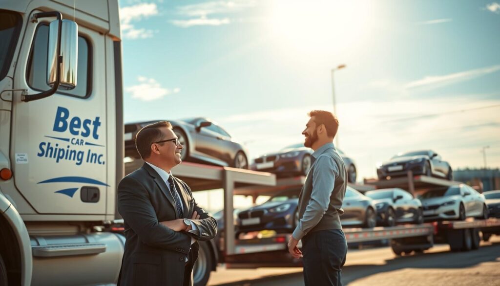 A bustling auto transport service in Plaquemine, Louisiana, featuring a fleet of well-maintained car transport trucks loaded with vehicles ready for shipment. In the foreground, a professional-looking representative in business attire stands confidently beside a Best Car Shipping Inc truck, discussing logistics with a satisfied customer, both smiling and engaged. In the middle ground, several sleek cars are visible on the transport trucks, showcasing various colors and models. The background highlights the scenic Plaquemine landscape with a clear blue sky and soft sunlight illuminating the scene, creating a sense of reliability and warmth. The mood is trustworthy and inviting, encapsulating the essence of a trusted auto transport service. Capture this scene with a slight upward angle to emphasize the trucks and the professionalism of the staff.