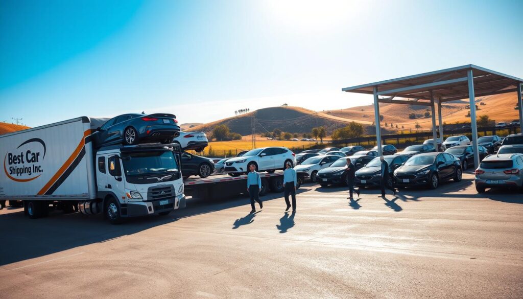 A bustling auto transport service scene, featuring a bright blue sky. In the foreground, a modern car carrier truck from "Best Car Shipping Inc" is parked, showcasing various vehicles securely loaded. The middle ground features a busy loading area with workers in professional business attire efficiently handling vehicles, ensuring safety and precision. In the background, a well-maintained lot displays additional cars waiting for transport, with gentle hills of Louisiana visible under warm sunlight. The lighting is soft yet vivid, creating an inviting atmosphere that emphasizes reliability and professionalism. The angle captures the action from a slightly elevated perspective, highlighting the organization and efficiency of the auto transport services available for Leesville drivers. A bustling auto transport service scene, featuring a bright blue sky. In the foreground, a modern car carrier truck from "Best Car Shipping Inc" is parked, showcasing various vehicles securely loaded. The middle ground features a busy loading area with workers in professional business attire efficiently handling vehicles, ensuring safety and precision. In the background, a well-maintained lot displays additional cars waiting for transport, with gentle hills of Louisiana visible under warm sunlight. The lighting is soft yet vivid, creating an inviting atmosphere that emphasizes reliability and professionalism. The angle captures the action from a slightly elevated perspective, highlighting the organization and efficiency of the auto transport services available for Leesville drivers.